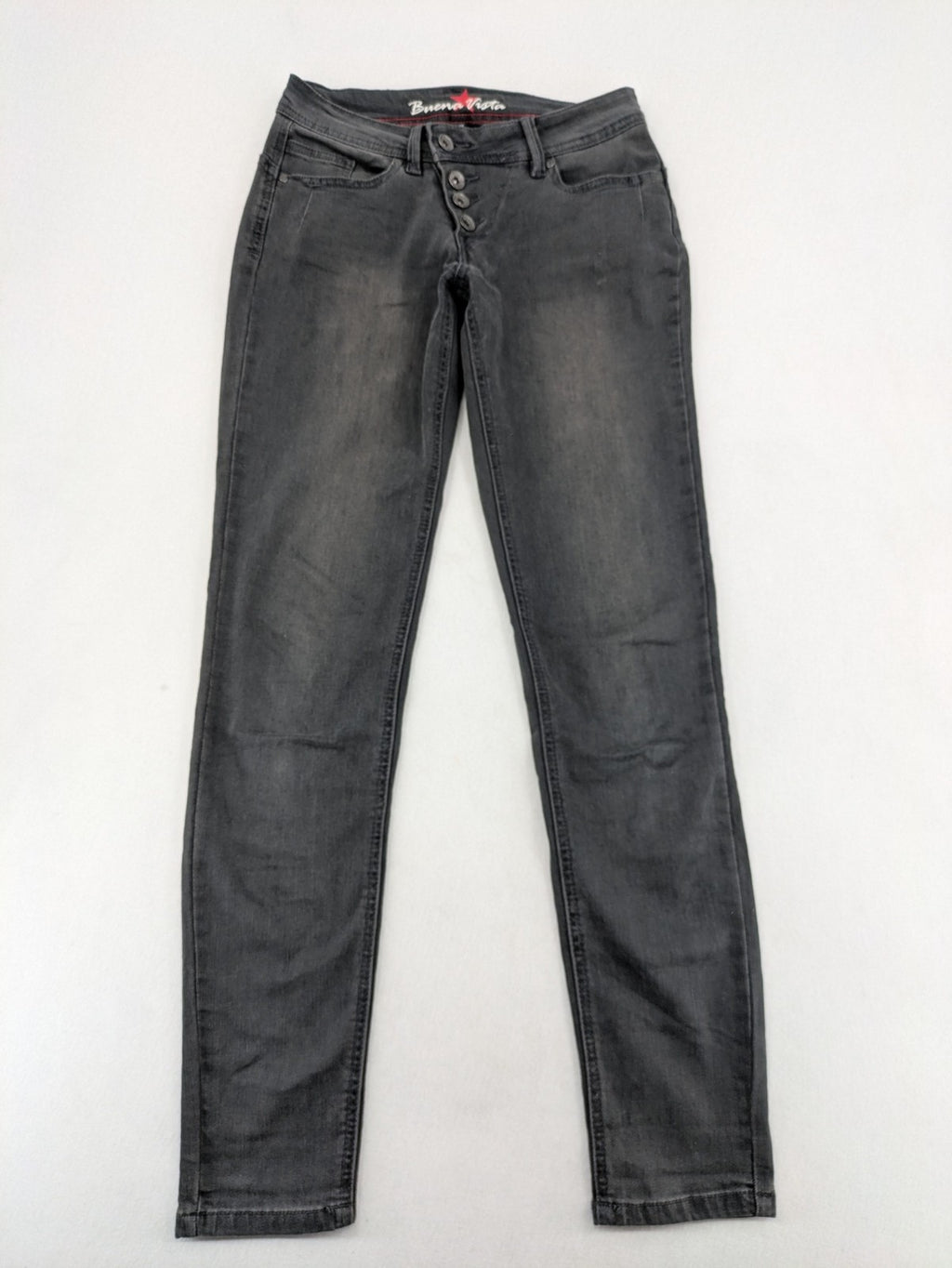 Buena Vista grey skinny jeans with button fly and stretch denim material.