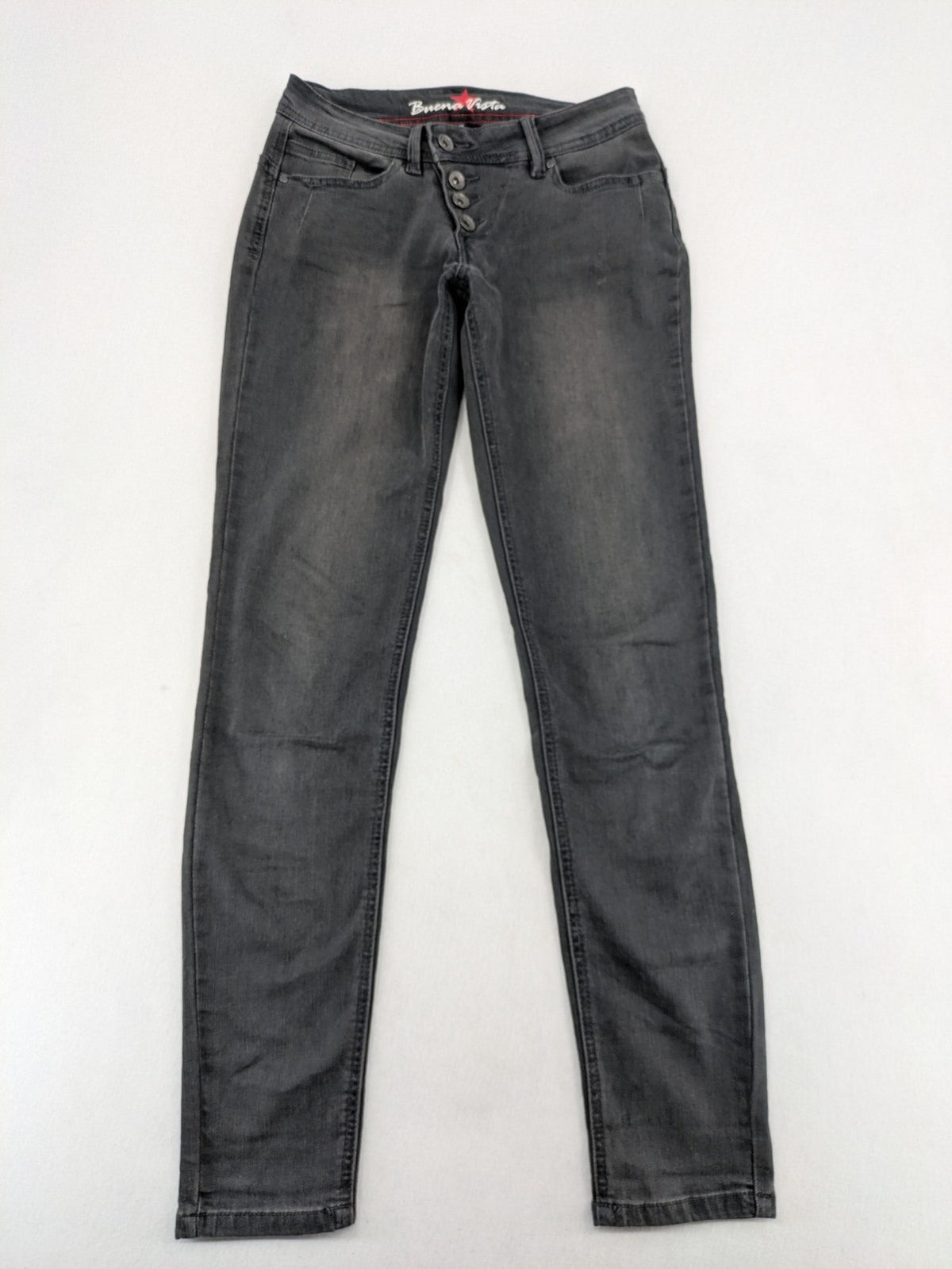 Buena Vista grey skinny jeans with button fly and stretch denim material.