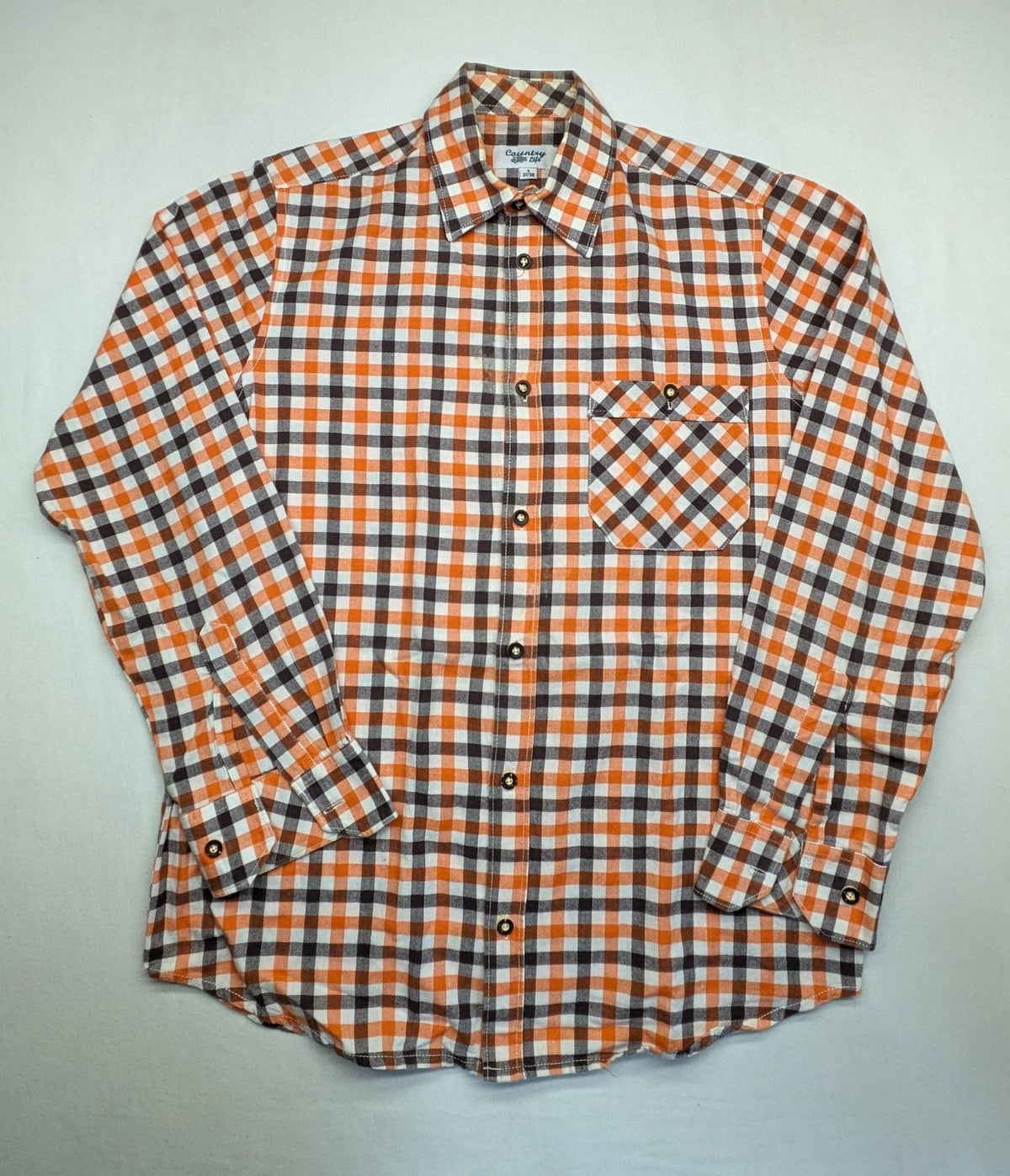 Country Life orange checkered shirt, 100% cotton, single chest pocket, button-down style.