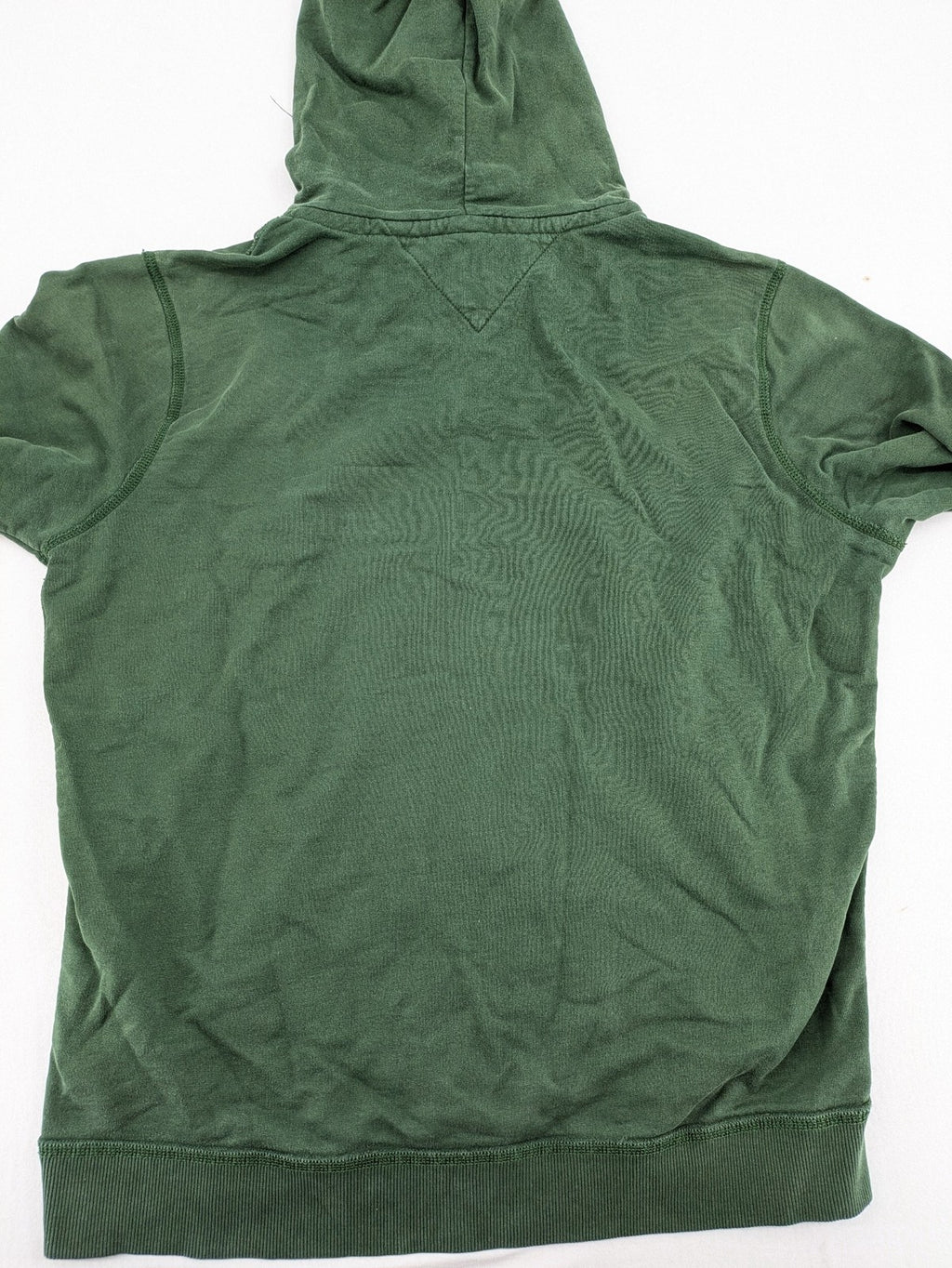 Tommy Hilfiger Denim green hoodie full zip with large graphic logo and grey waffle lining.