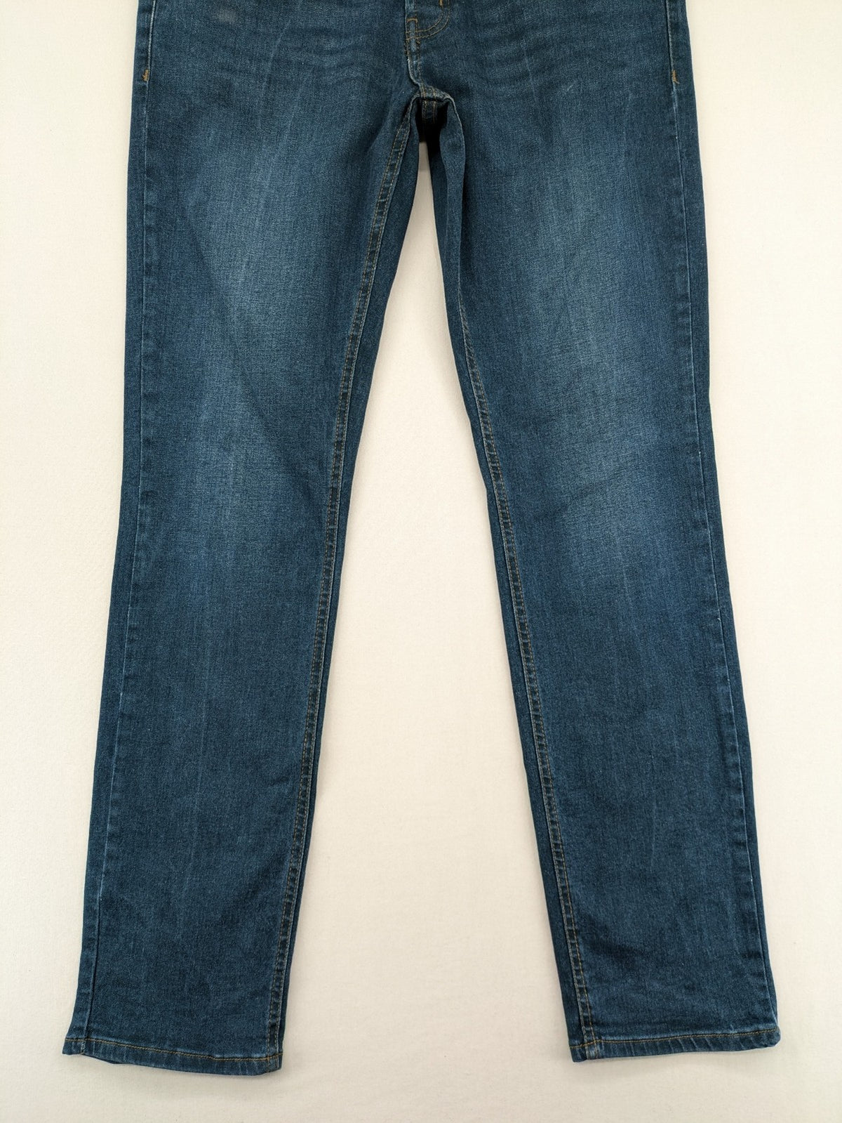 Denim & Co. blue straight fit jeans, classic 5-pocket design, button fly, cotton blend.