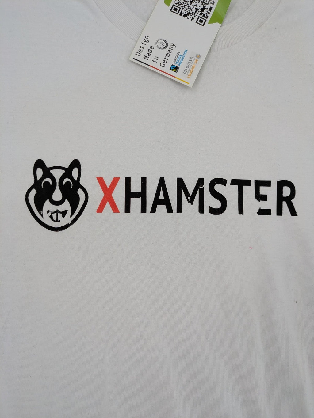 Xhamster white graphic t-shirt printed logo on chest, short sleeves, round neck.