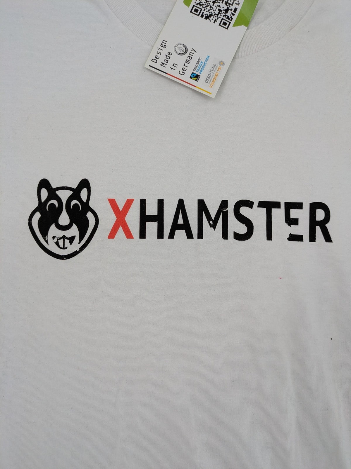 Xhamster white graphic t-shirt printed logo on chest, short sleeves, round neck.