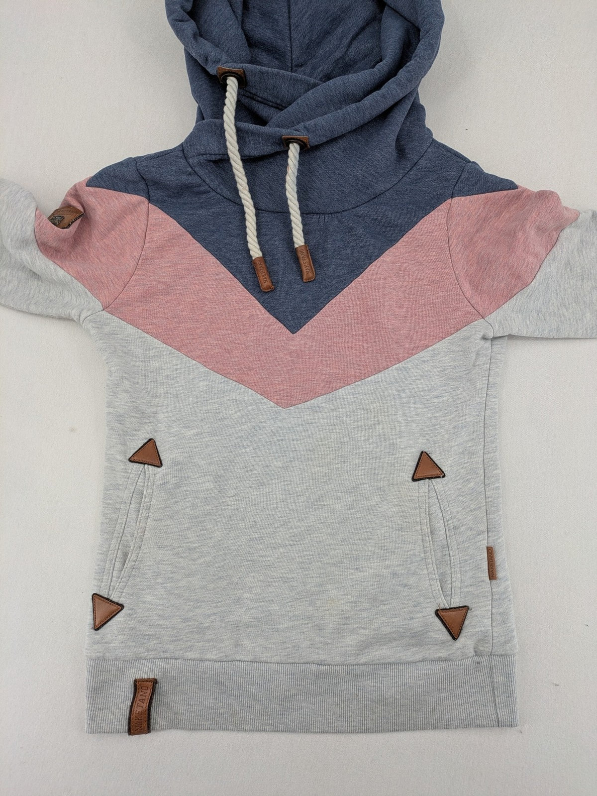 Naketano multi turtle neck jumper colorblock design in blue, pink, and grey.