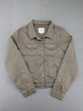 Hailys khaki denim jacket with button closure, two chest pockets, and side pockets.