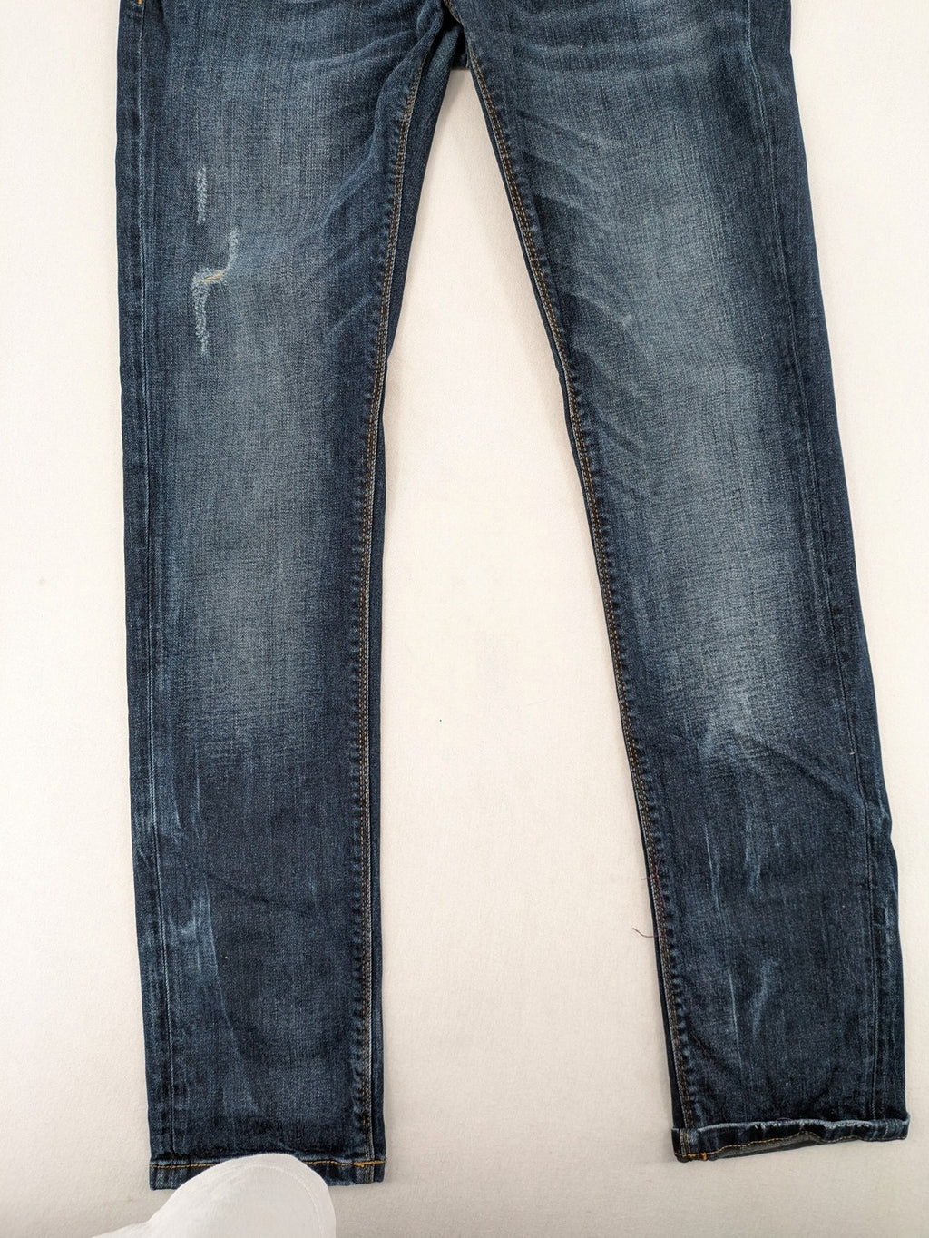 Lufian blue straight jeans dark wash distressed 5-pocket style with stretch denim.