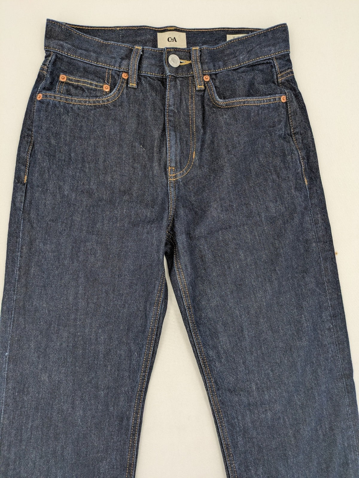 C&A blue straight jeans W28 L32 with 5-pocket design and contrasting orange stitching.
