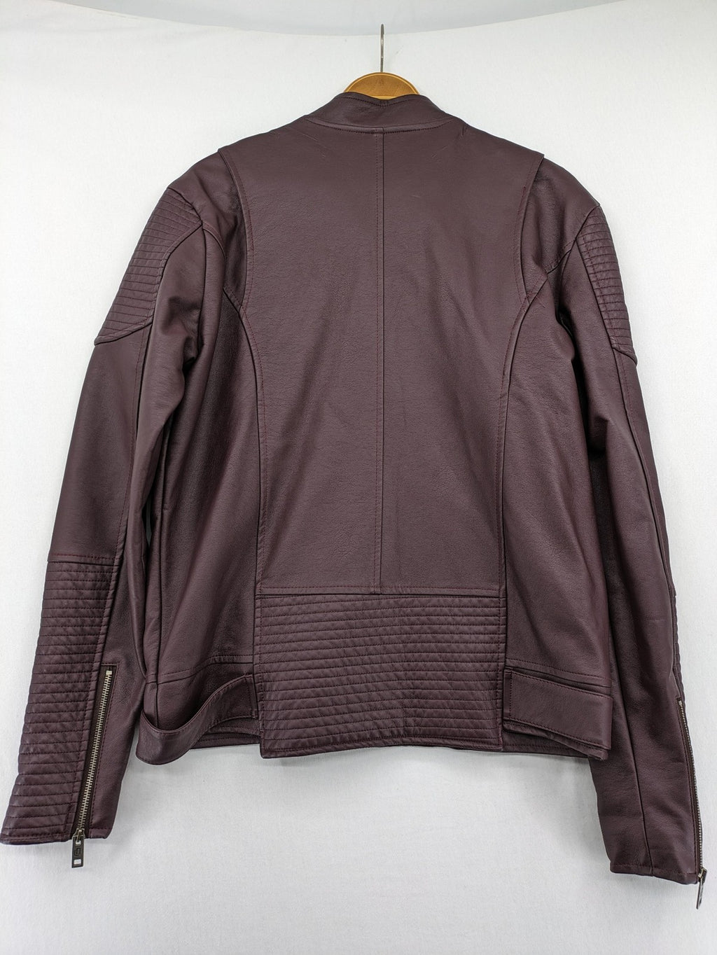 Leif Nelson burgundy biker jacket faux leather with quilted shoulder and sleeve details.