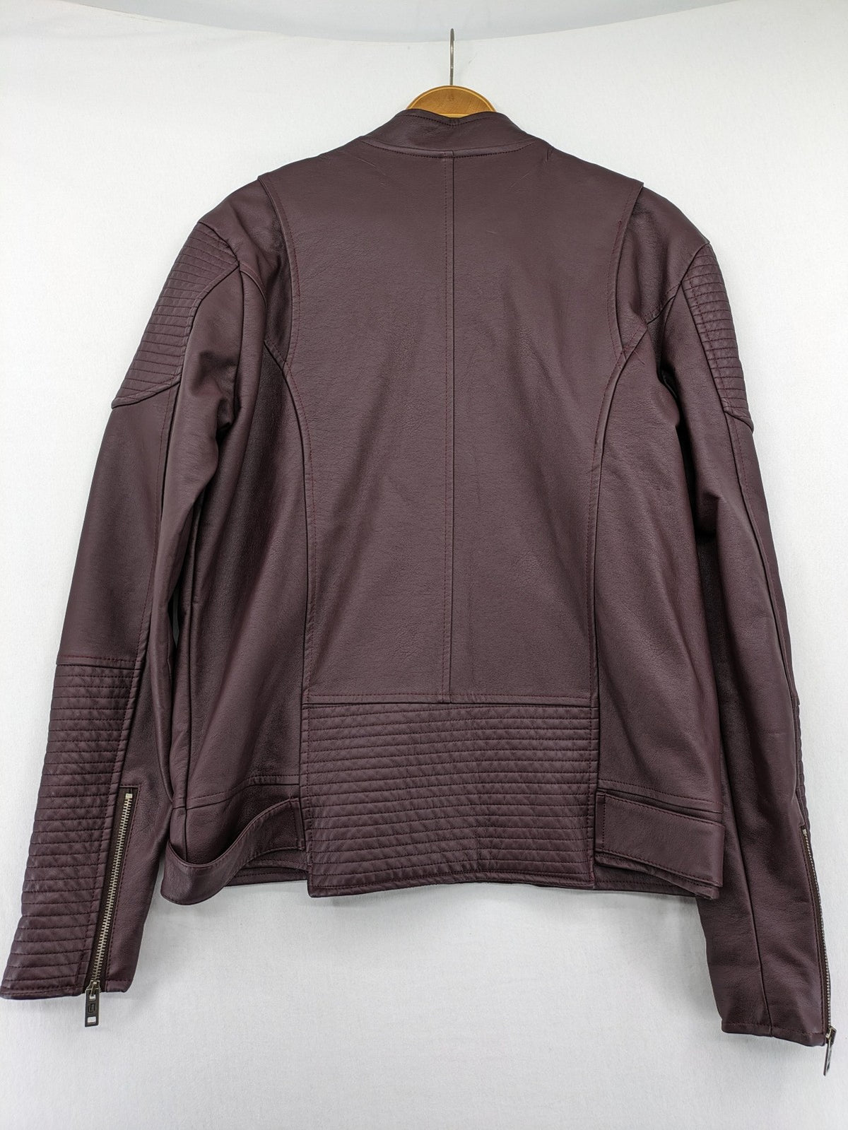 Leif Nelson burgundy biker jacket faux leather with quilted shoulder and sleeve details.