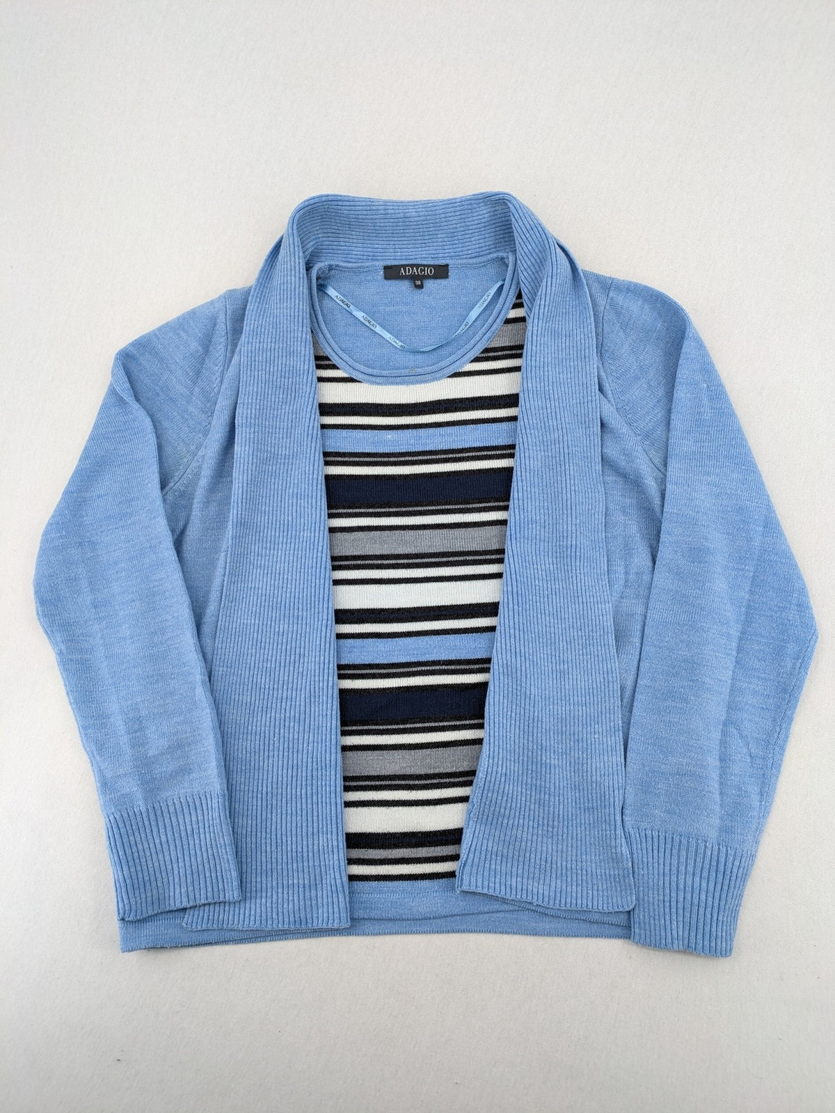 Adagio multi turtle neck jumper set, light blue cardigan, striped top, 100% polyacryl.