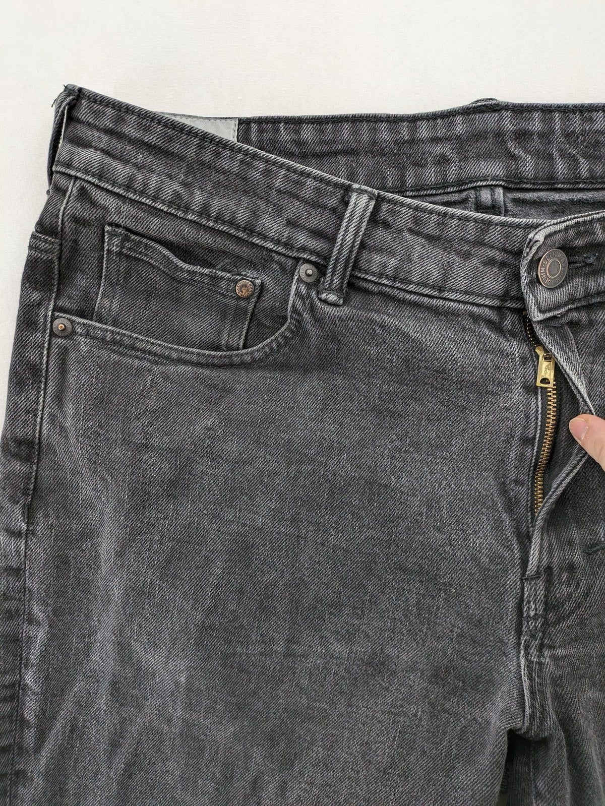 H&M grey straight jeans regular fit dark wash cotton blend with classic styling.