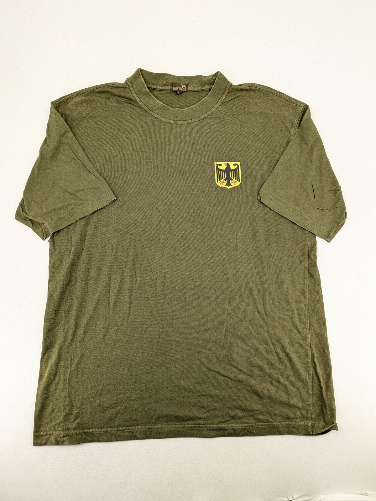 Parforce khaki t-shirt featuring German eagle patch on left chest, 100% cotton.