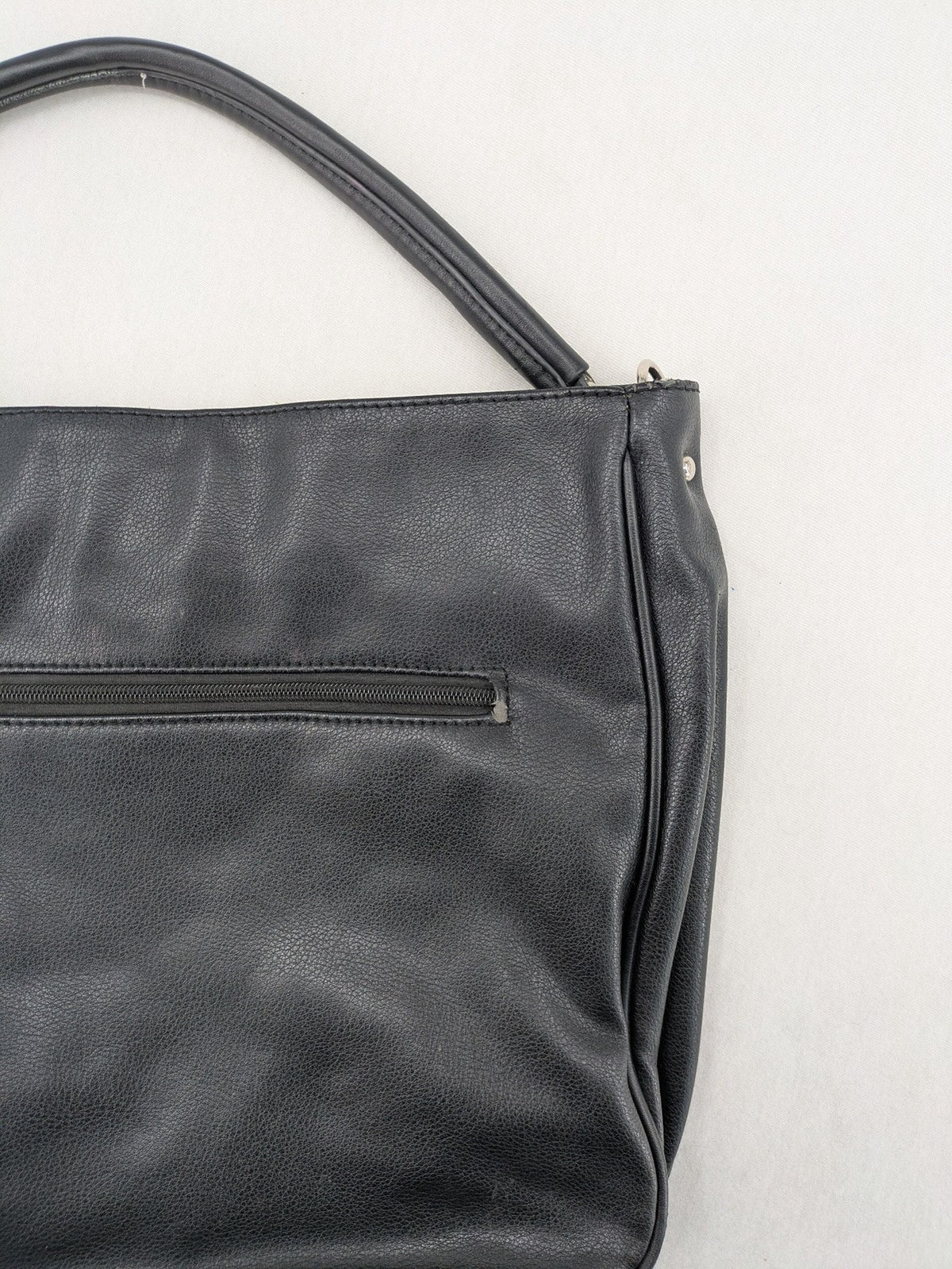 David Jones black hobo handbag pebbled PU leather with silver hardware and zipper closure.