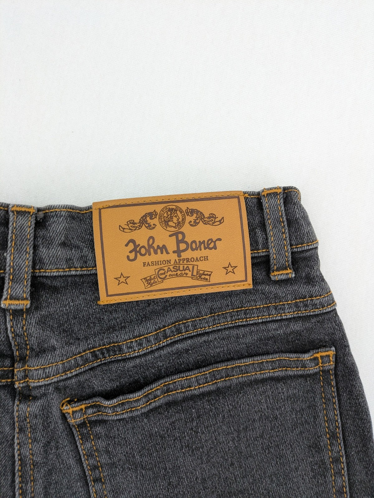 john baner grey high waist mom jeans classic 5-pocket design with contrast stitching