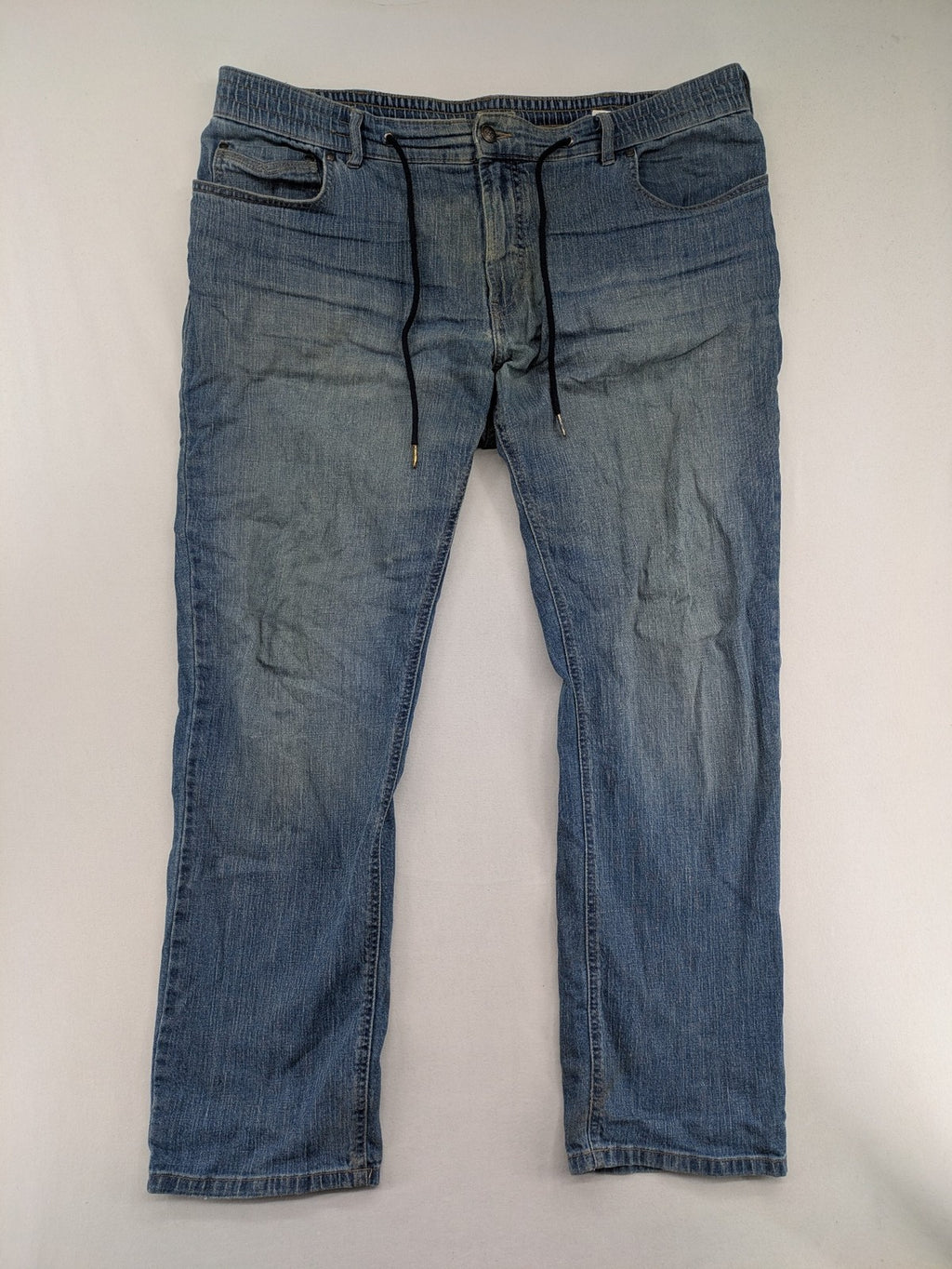 Wallbusch blue straight jeans with elastic waistband, drawstring, and breathable linen blend.