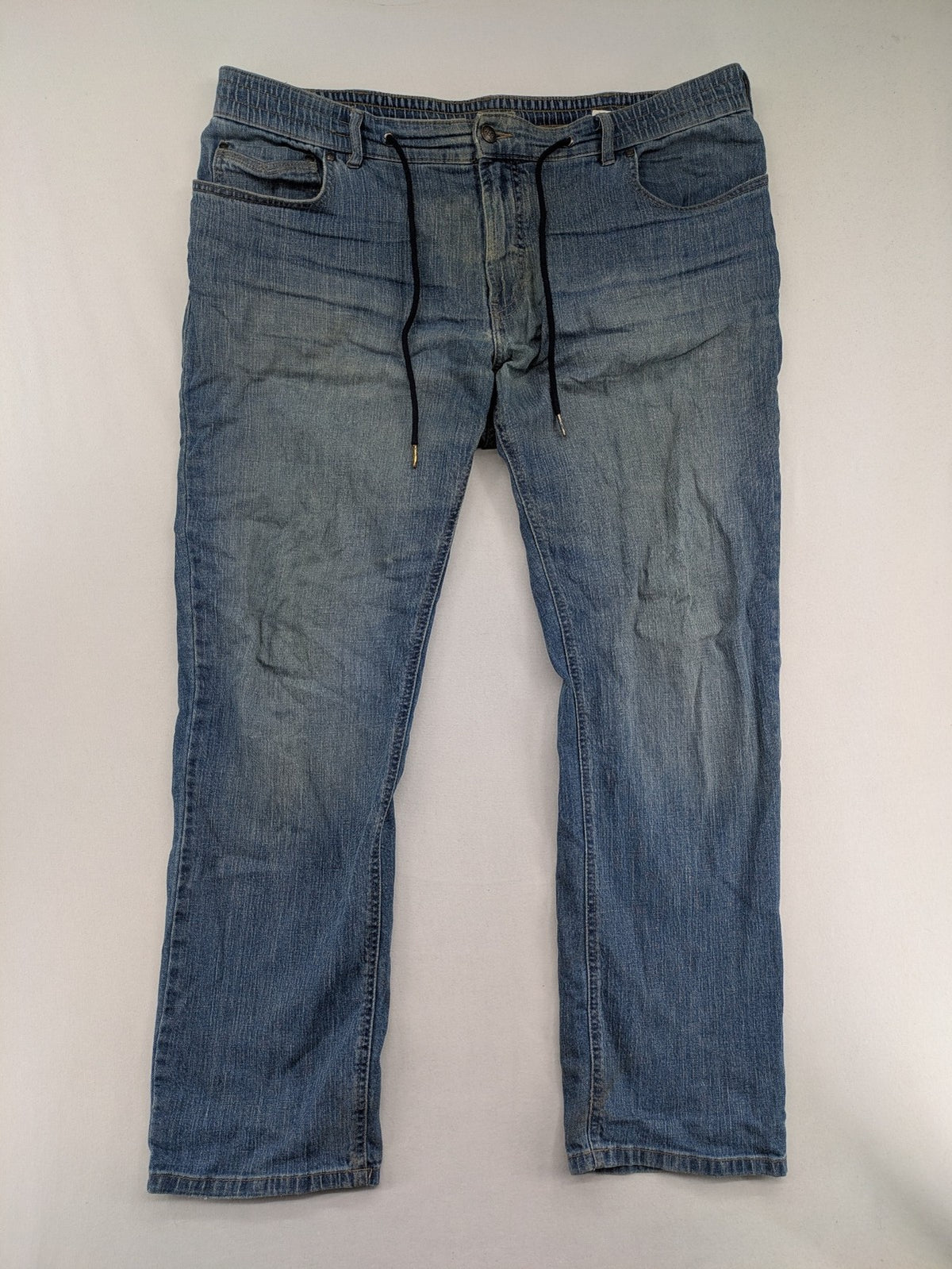 Wallbusch blue straight jeans with elastic waistband, drawstring, and breathable linen blend.