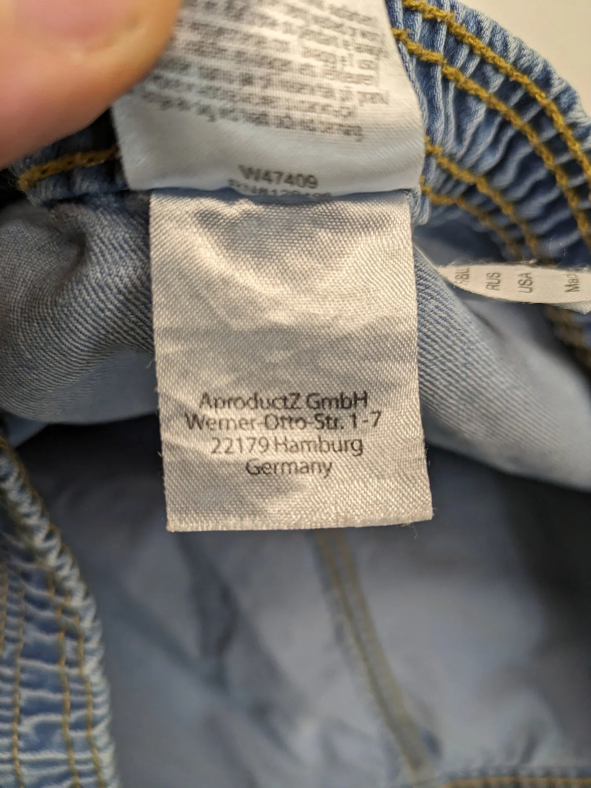 AproductZ blue straight jeans with elastic waistband and comfortable stretch fabric.