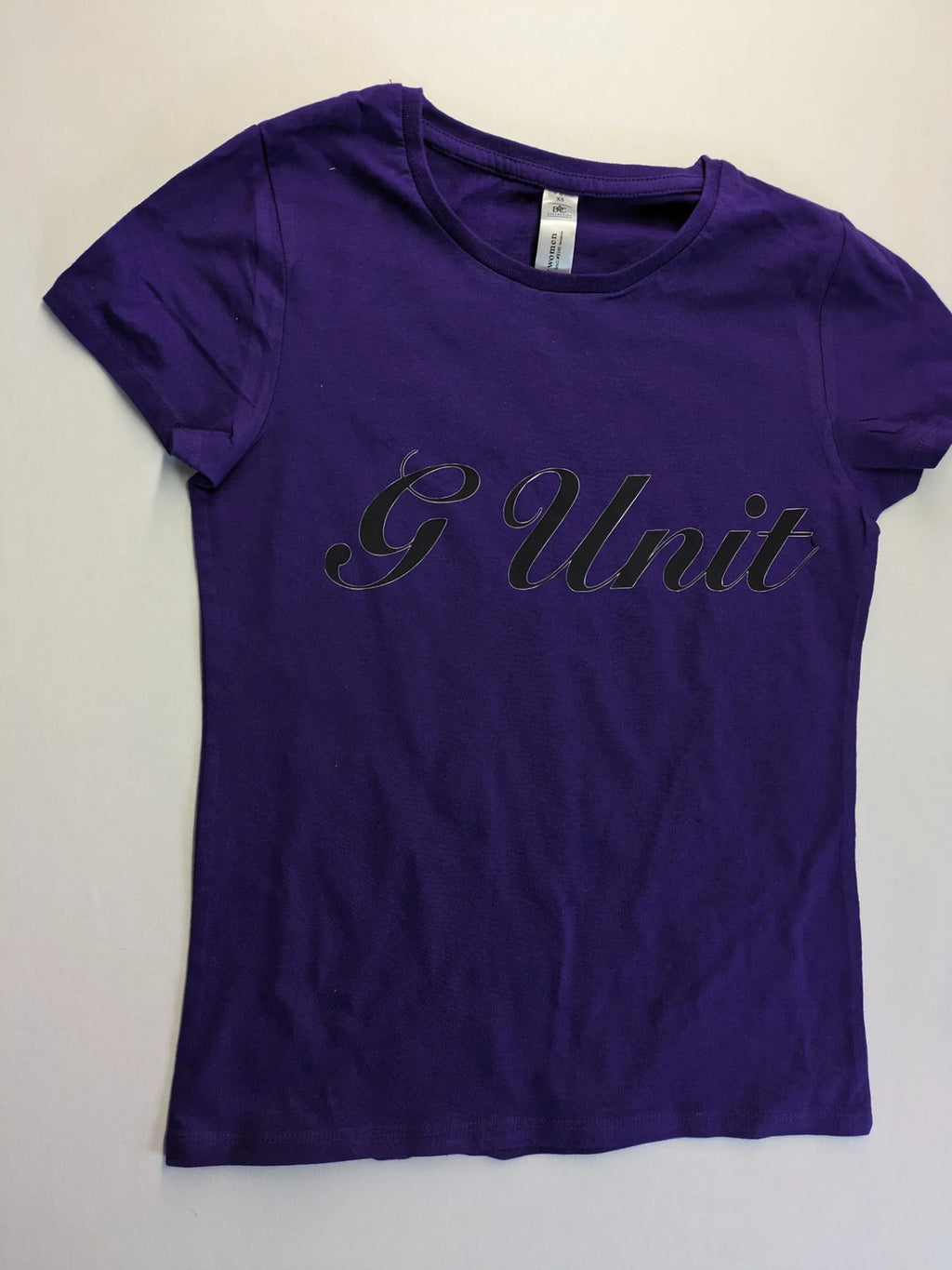 G-Unit gold and purple graphic T-shirt with raised black logo print.