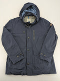 Reset navy parka jacket windproof with adjustable hood and zippered chest pocket.