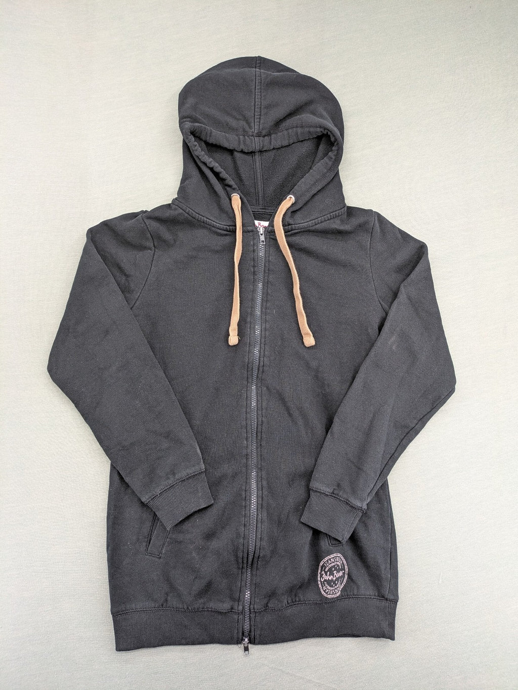john baner beige full zip hoodie sweatshirt with contrasting brown drawstrings and front pockets