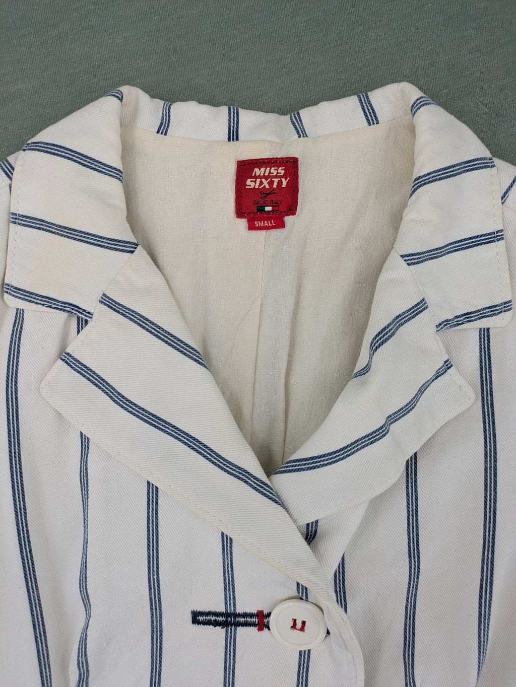 Miss Sixty vintage blazer white and blue striped cotton with logo and unique button closures.