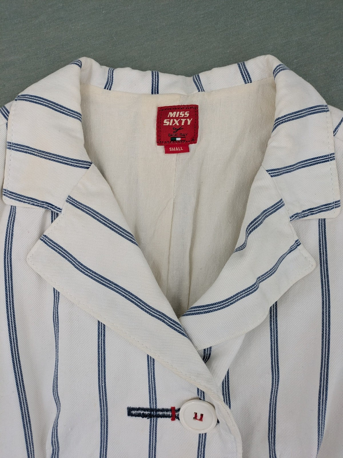 Miss Sixty vintage blazer white and blue striped cotton with logo and unique button closures.