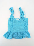 Springfield blue knit top with ruffled straps, peplum hem, and lace embroidery.