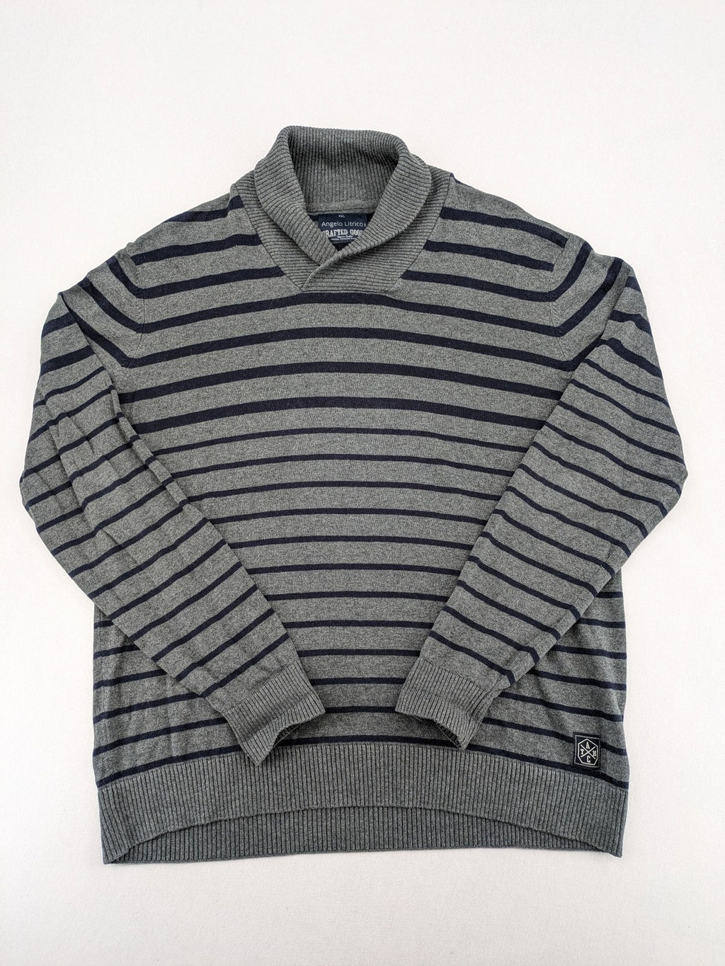 Angelo Litrico grey and navy striped turtle neck jumper with stylish shawl collar.