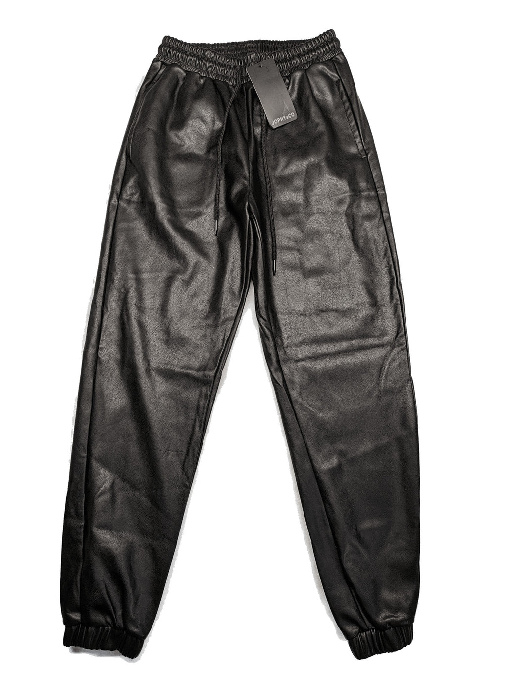 Jophy&Co black jogger pants faux leather look elastic waistband and side pockets