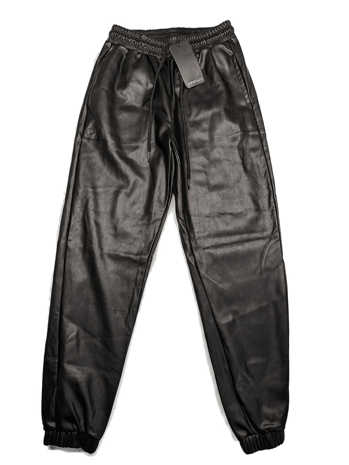 Jophy&Co black jogger pants faux leather look elastic waistband and side pockets