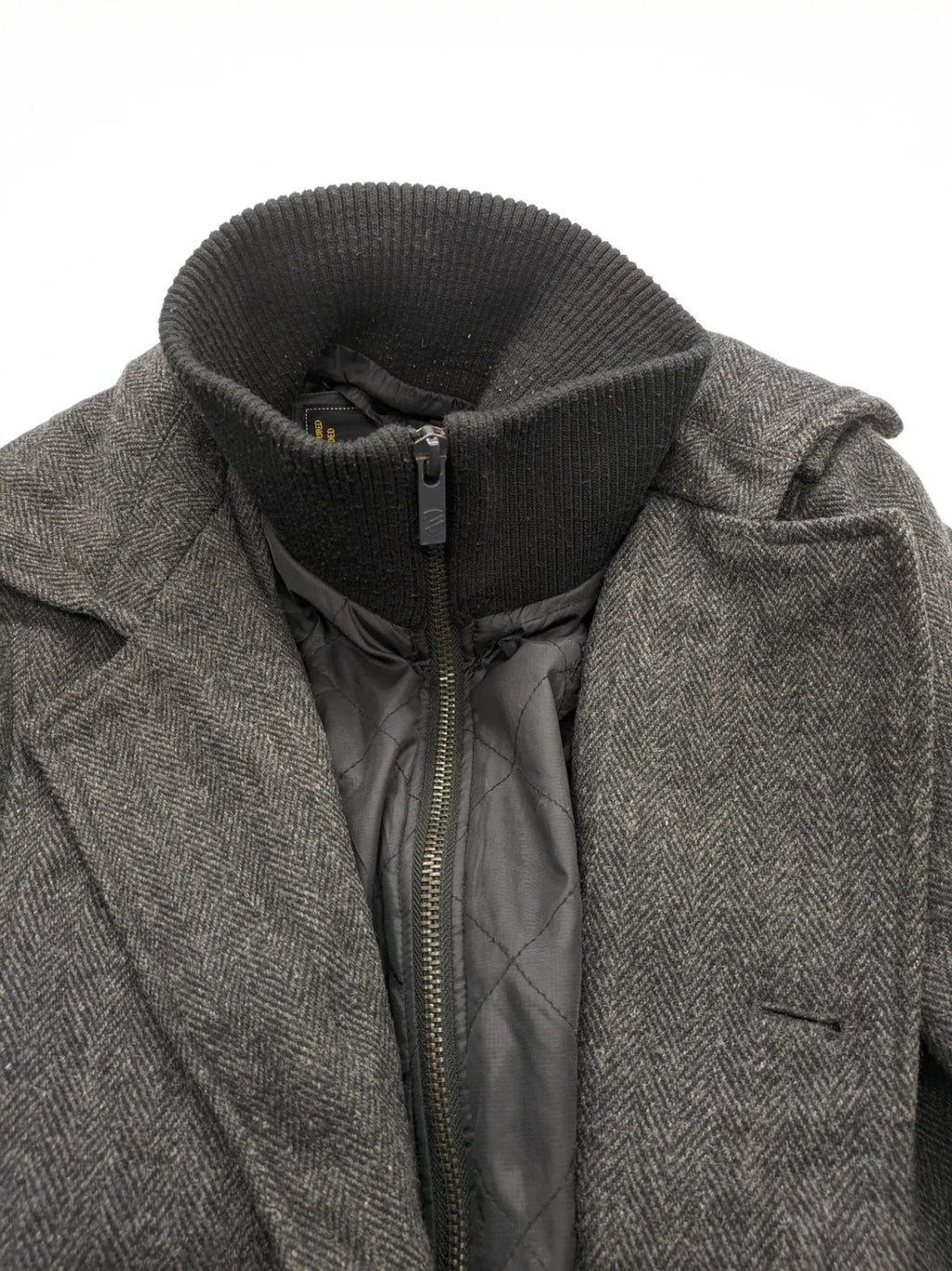 Jack & Jones grey coat herringbone pattern with two-button closure and side pockets.