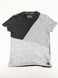 Angelo Litrico black and grey colorblock t-shirt with logo accents and soft cotton blend.
