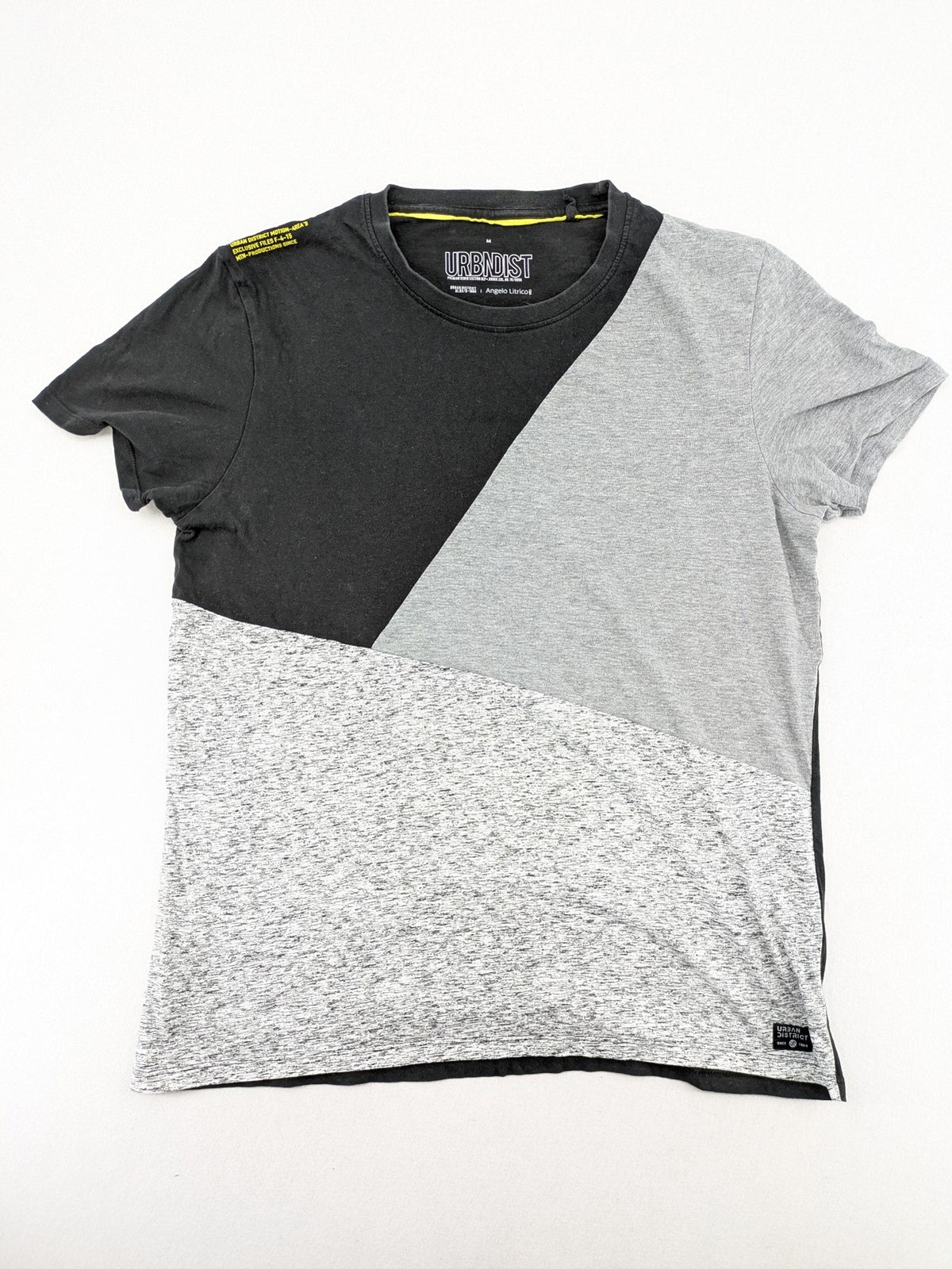 Angelo Litrico black and grey colorblock t-shirt with logo accents and soft cotton blend.