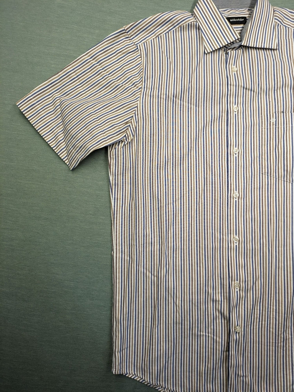 Seidensticker beige button-up shirt vertical striped pattern blue and brown, cotton material.