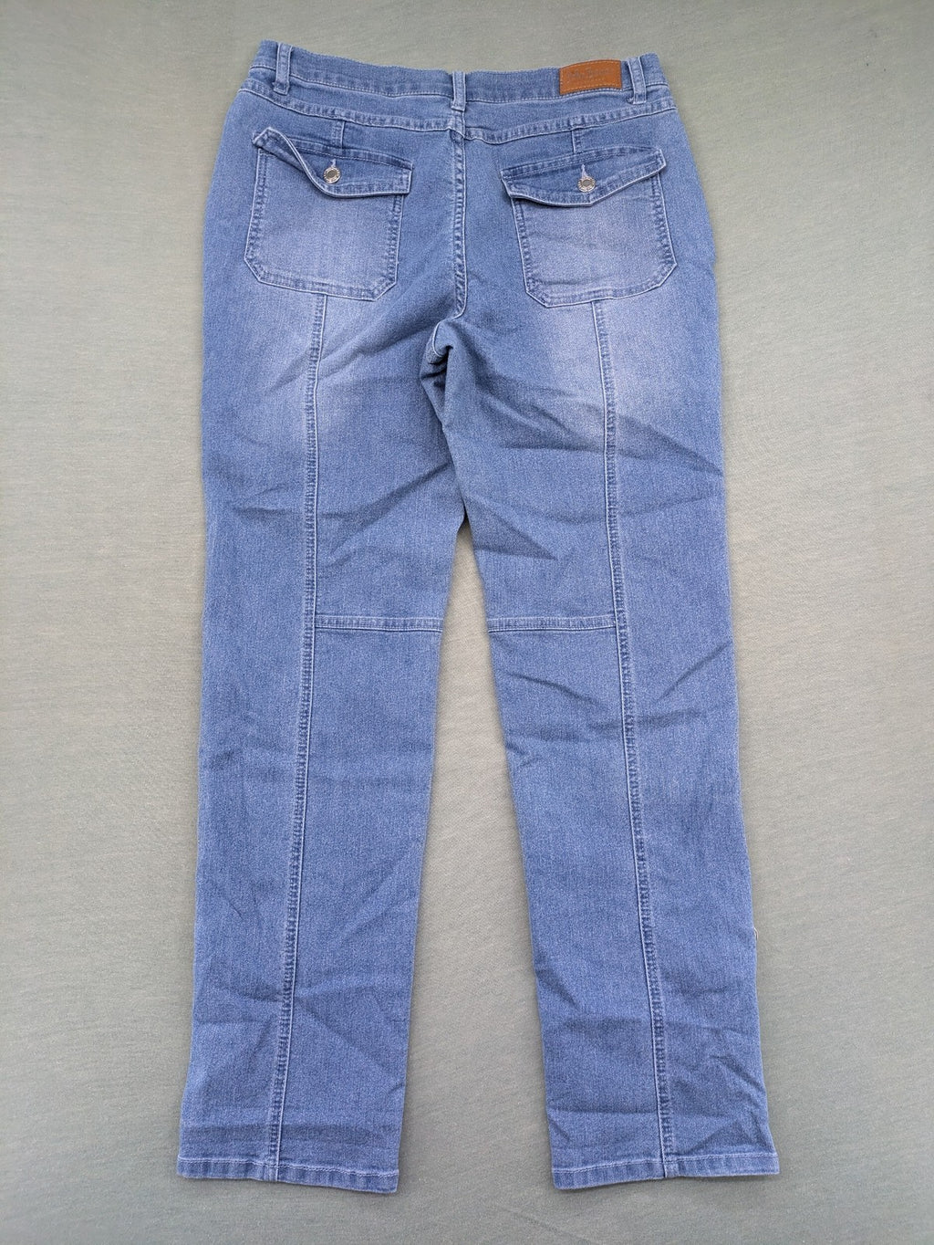 john baner blue straight jeans with decorative seams and button accents, stretch cotton blend