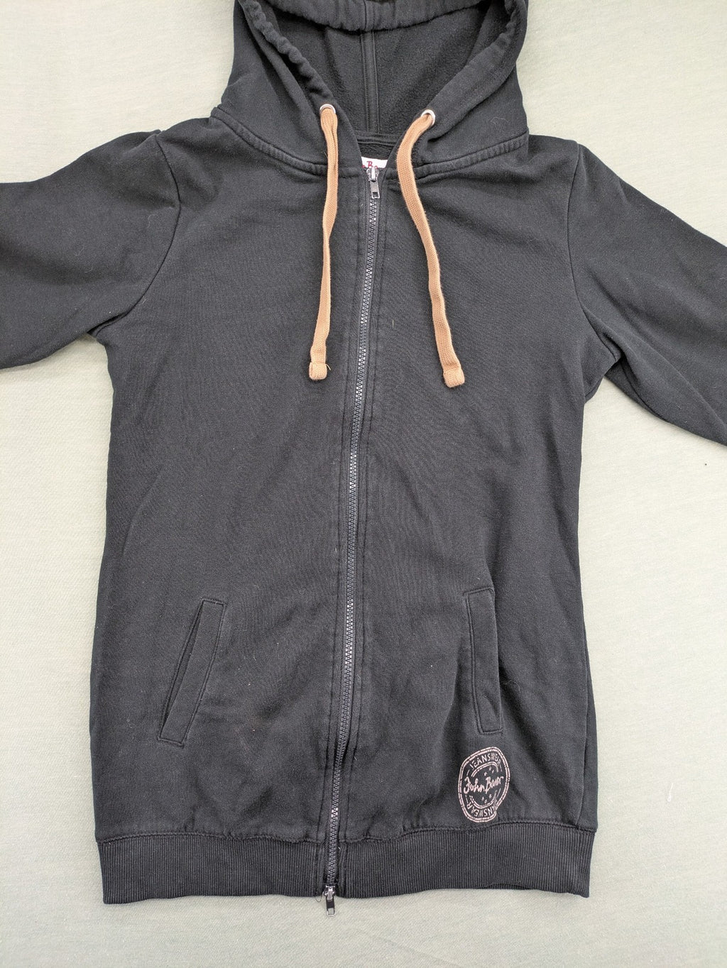 john baner beige full zip hoodie sweatshirt with contrasting brown drawstrings and front pockets