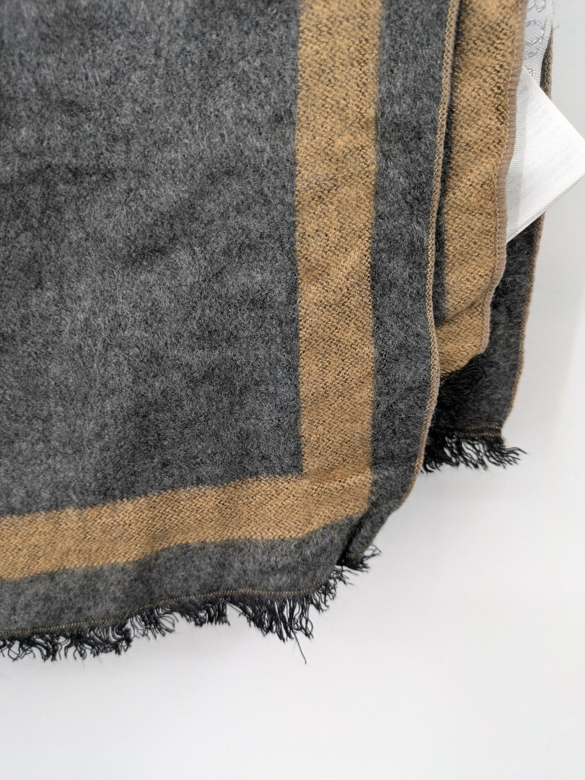 Romano beige and grey scarf with classic brown border stripes and fringes.