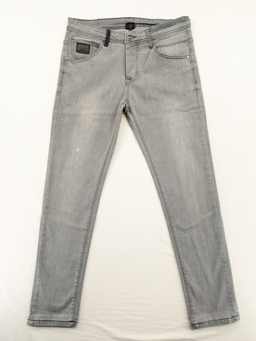 Born Rich grey slim fit jeans with logo patch and washed denim texture.