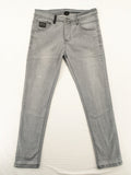 Born Rich grey slim fit jeans with logo patch and washed denim texture.