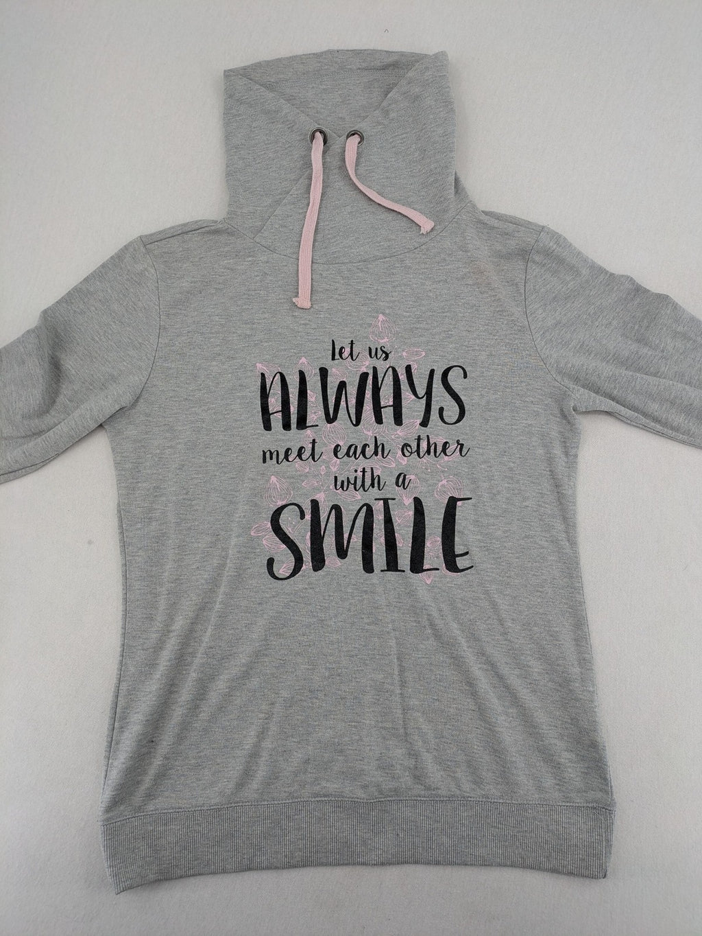 Colours Of The World grey knit jumper with pink drawstring, inspirational graphic print, soft material.