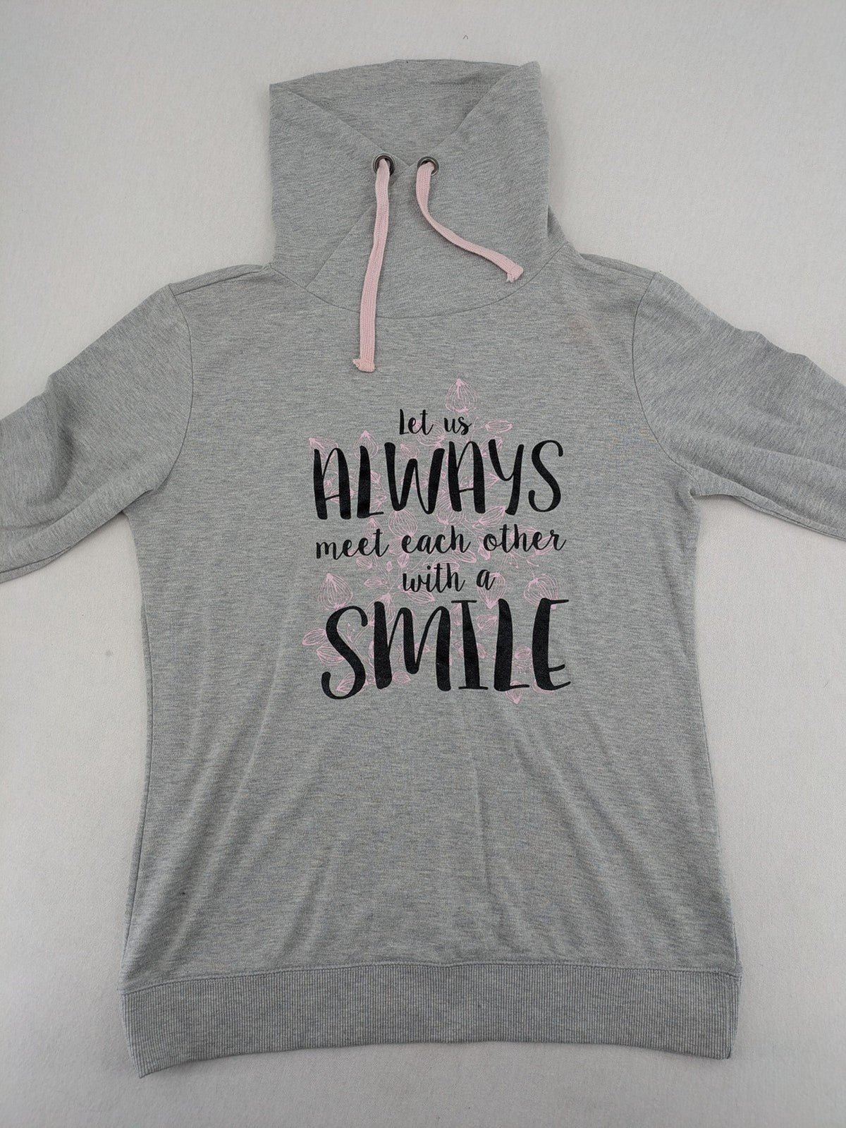 Colours Of The World grey knit jumper with pink drawstring, inspirational graphic print, soft material.
