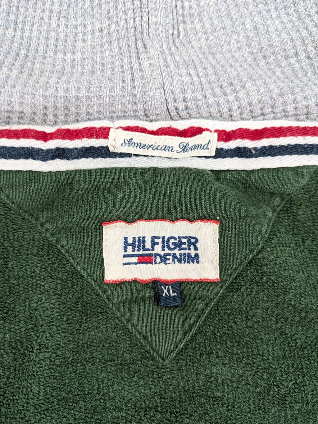 Tommy Hilfiger Denim green hoodie full zip with large graphic logo and grey waffle lining.