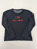 RIVER WOODS navy long sleeve top with white pinstripes and red "I AM très jolie" slogan.
