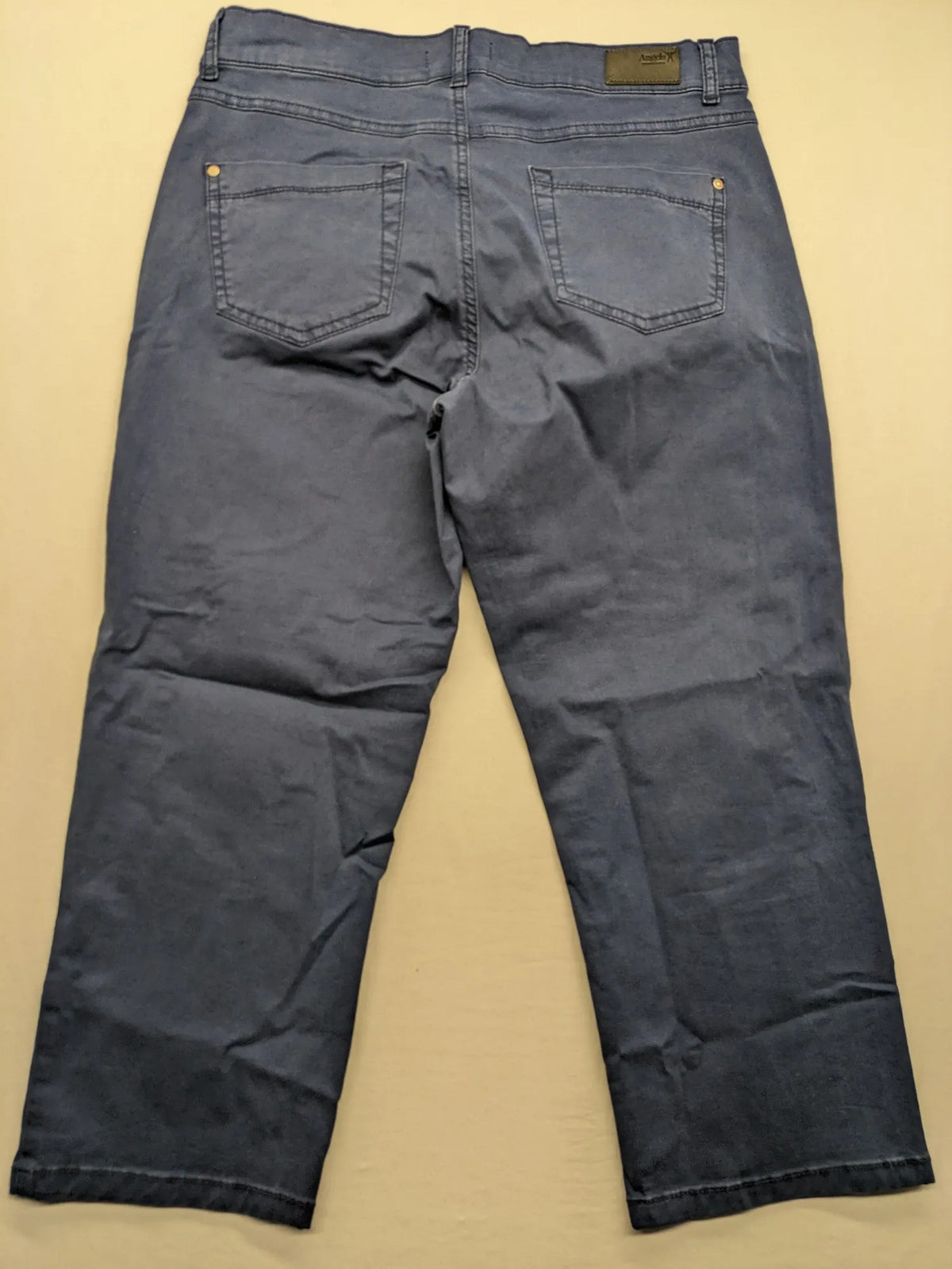 Angels blue straight jeans with five-pocket design and vertical front seams.