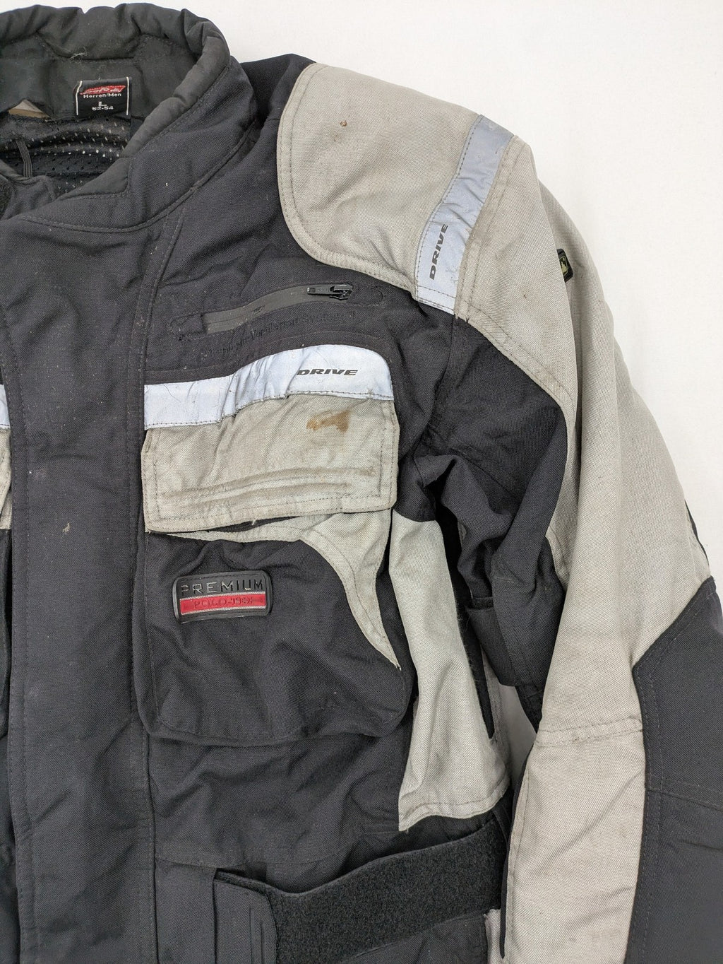 Polo motorcycle jacket cream durable Cordura fabric multiple pockets adjustable straps