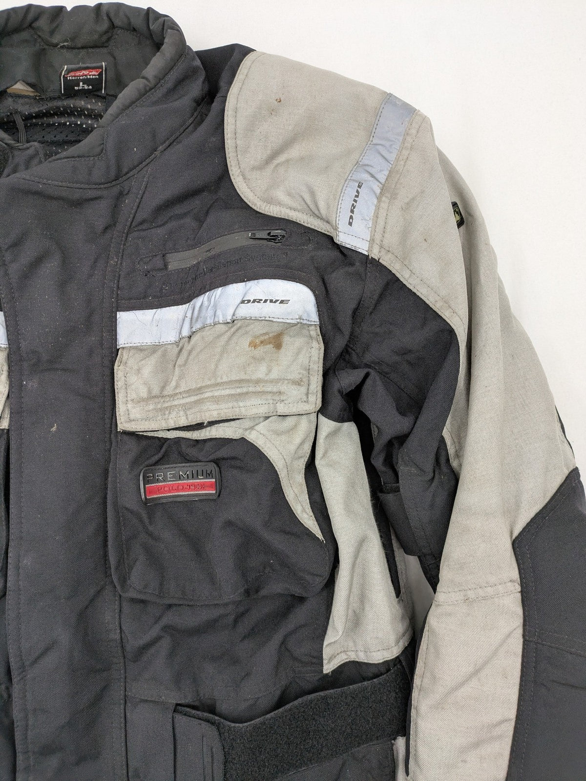 Polo motorcycle jacket cream durable Cordura fabric multiple pockets adjustable straps