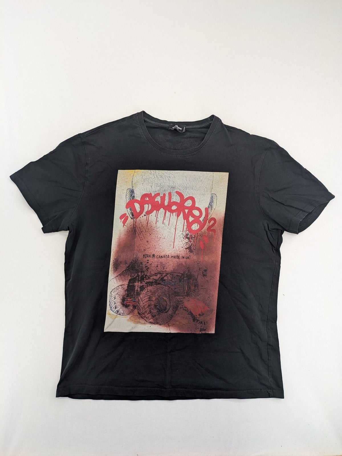 Dsquared2 multi graphic t-shirt featuring bold monstertruck print and graffiti-style logo.
