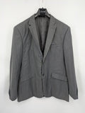 Alextrading grey jacket with subtle light blue pinstripe pattern and notch lapels.