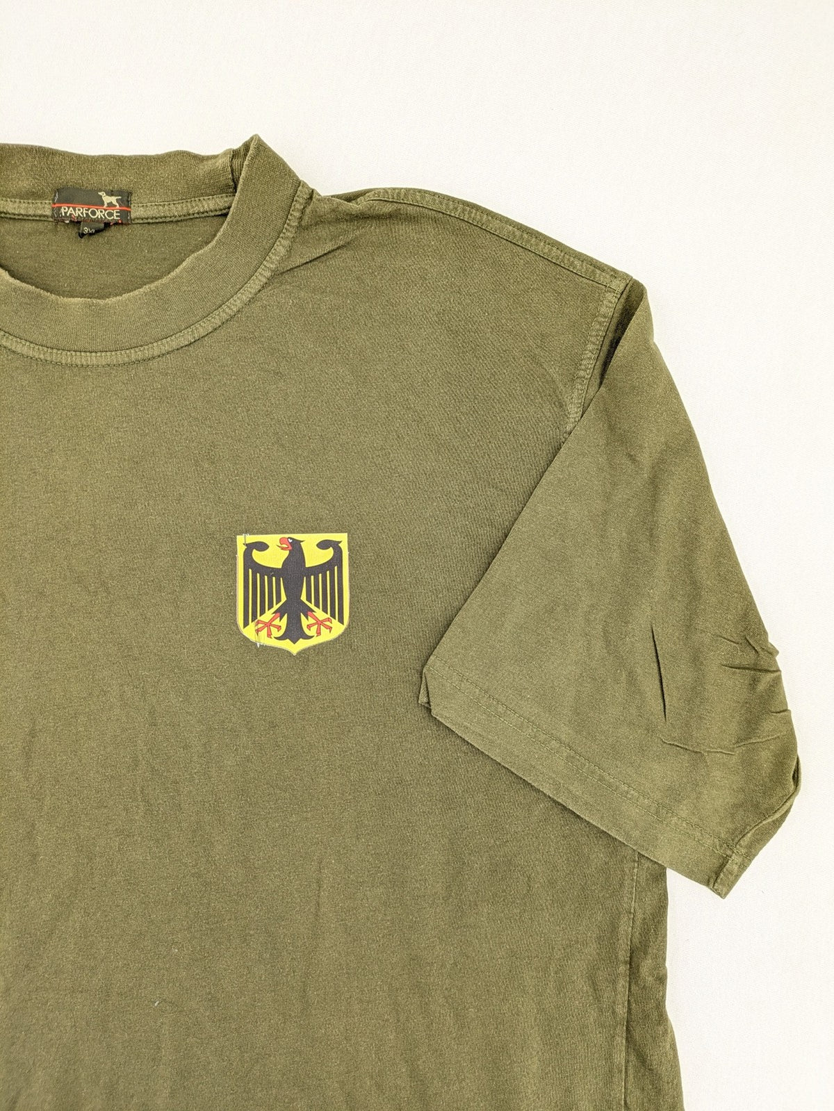Parforce khaki t-shirt featuring German eagle patch on left chest, 100% cotton.