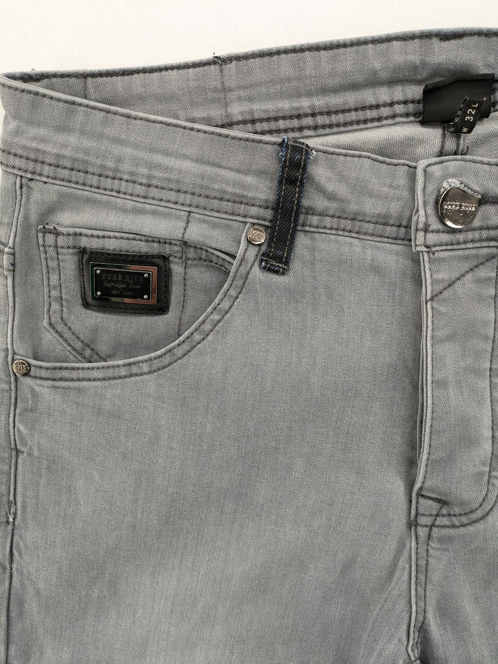 Born Rich grey slim fit jeans with logo patch and washed denim look.